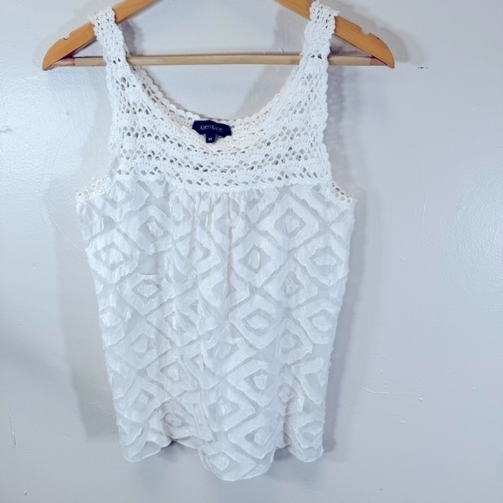 KAREN KANE white crochet tank top blouse sheer patchwork panels XS small boho
